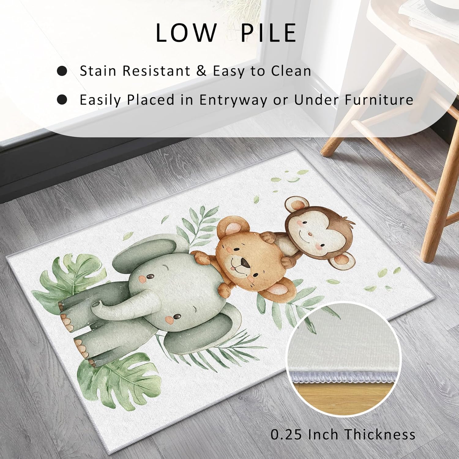 Kids Safari Rug 3x5 Jungle Animal Monkey Elephant Bear Pattern, Washable Living Room Bedroom Area Rugs, Kids Decor for Home, Soft Non Slip Indoor Carpet, Low Pile Design & A447