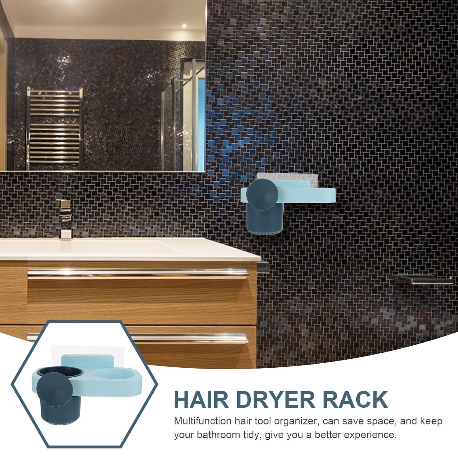 Wall Mounted Hair Dryer Holder Plastic Blue Bathroom Storage Rack image 3