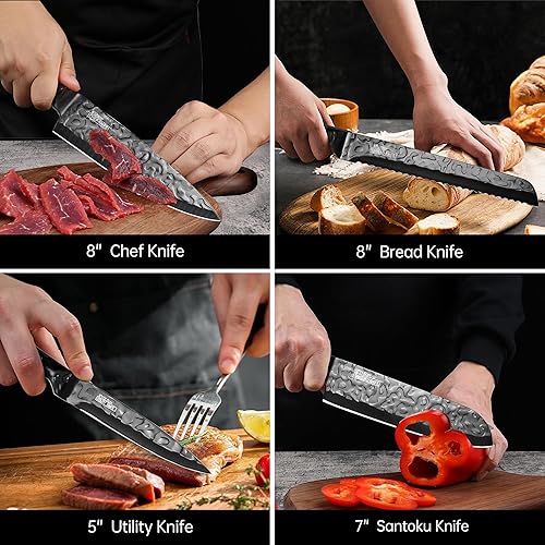 Miniatura 6 de Vvwgkpk Juego de cuchillos de cocina, juego de 5 cuchillos negros con mango ergonómico, cuchillos de colección martillados de acero inoxidable de