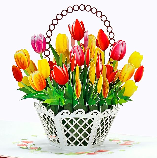 CUTPOPUP Tulip Flowers Basket Pop Up Card for Women, Pop Up Flower Cards, Handmade Flower Greeting Cards, 3D Birthday Card, Mothers day Card Pop Up, Anniversary, Thinking of You, Thank You Card