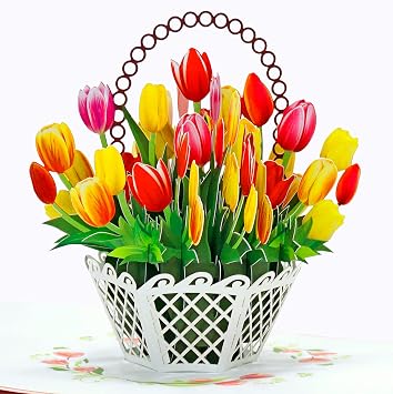 CUTPOPUP Tulip Birthday Cards for Women, 3D Flowers Birthday Greeting Card for Her Wife Mum Valentines Card Anniversary Happy Mothers Day Cards Tulip Flowers Basket US8-FL113US