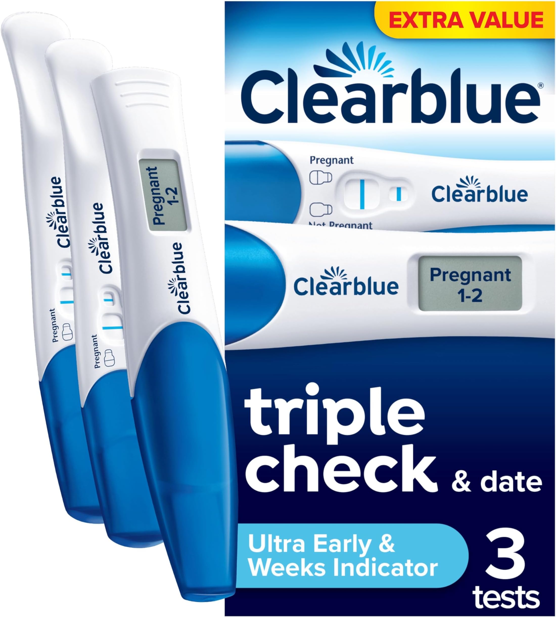 Clearblue Pregnancy Test Ultra Early Triple-Check & Date Combo Pack, Results 6 Days (Visual Sticks) Tells You How Many Weeks (Digital Stick), Kit Of 3 Tests (1 Digital, 2 Visual), Packaging May Vary