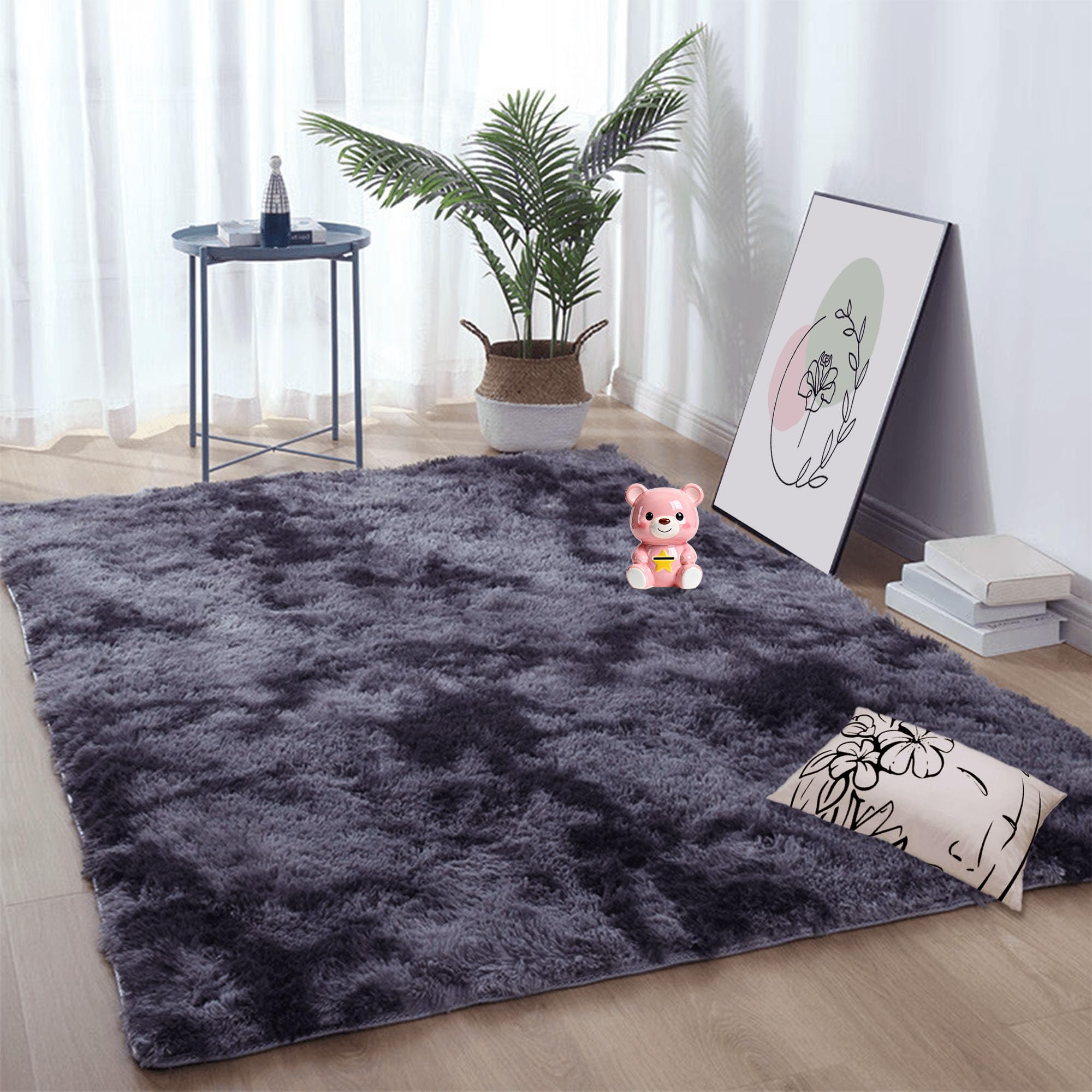 Tapis salon 160x160 cm gris foncé à poils longs lavable et moelleux