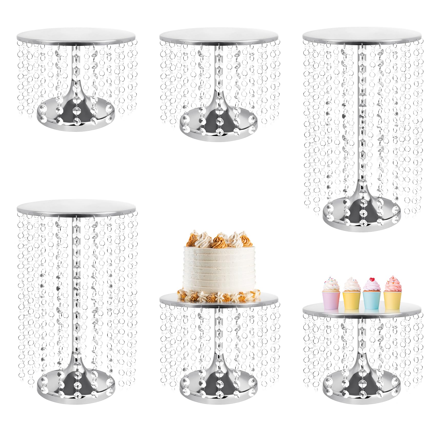 Photo 1 of PIQUATOOL Crystal Silver Cake Stand Set for Party, Large Round Elegant Pedestal Cake Stands for Dessert Table Display - 6 PCS Silver
