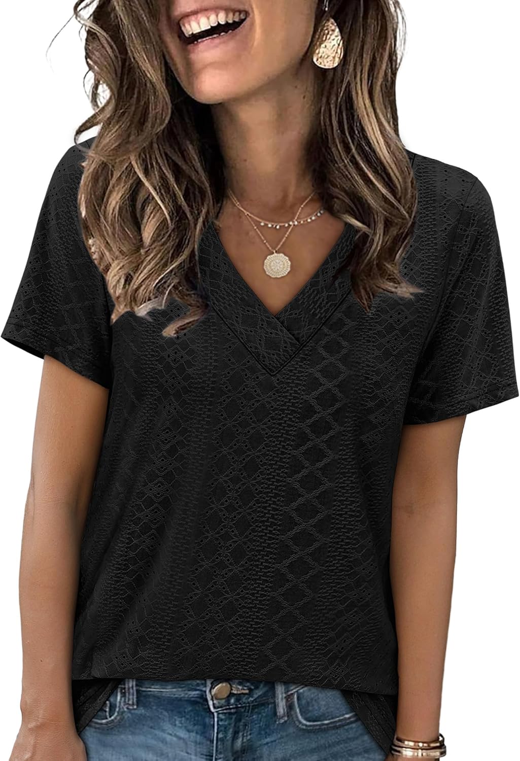 SAMPEEL Womens Summer Tops Trendy 2025 Eyelet Crossed...