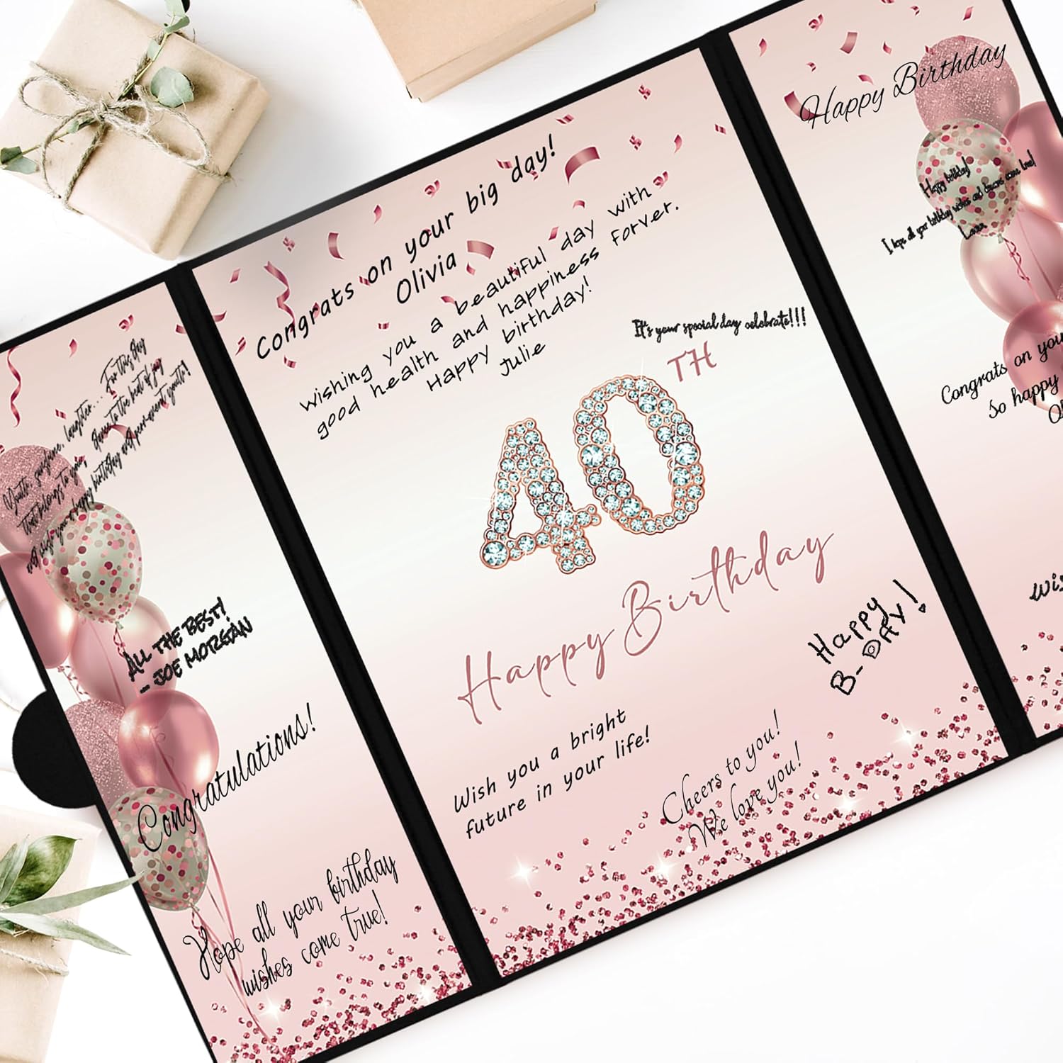 DARUNAXY Rose Gold 40th Birthday Party Decorations for Women, Happy 40th Birthday Alternative Signature Guest Book Black Pink 40 Birthday Signing Card Board Party Supplies Cheers to 40 Years Old Gift - Image 5