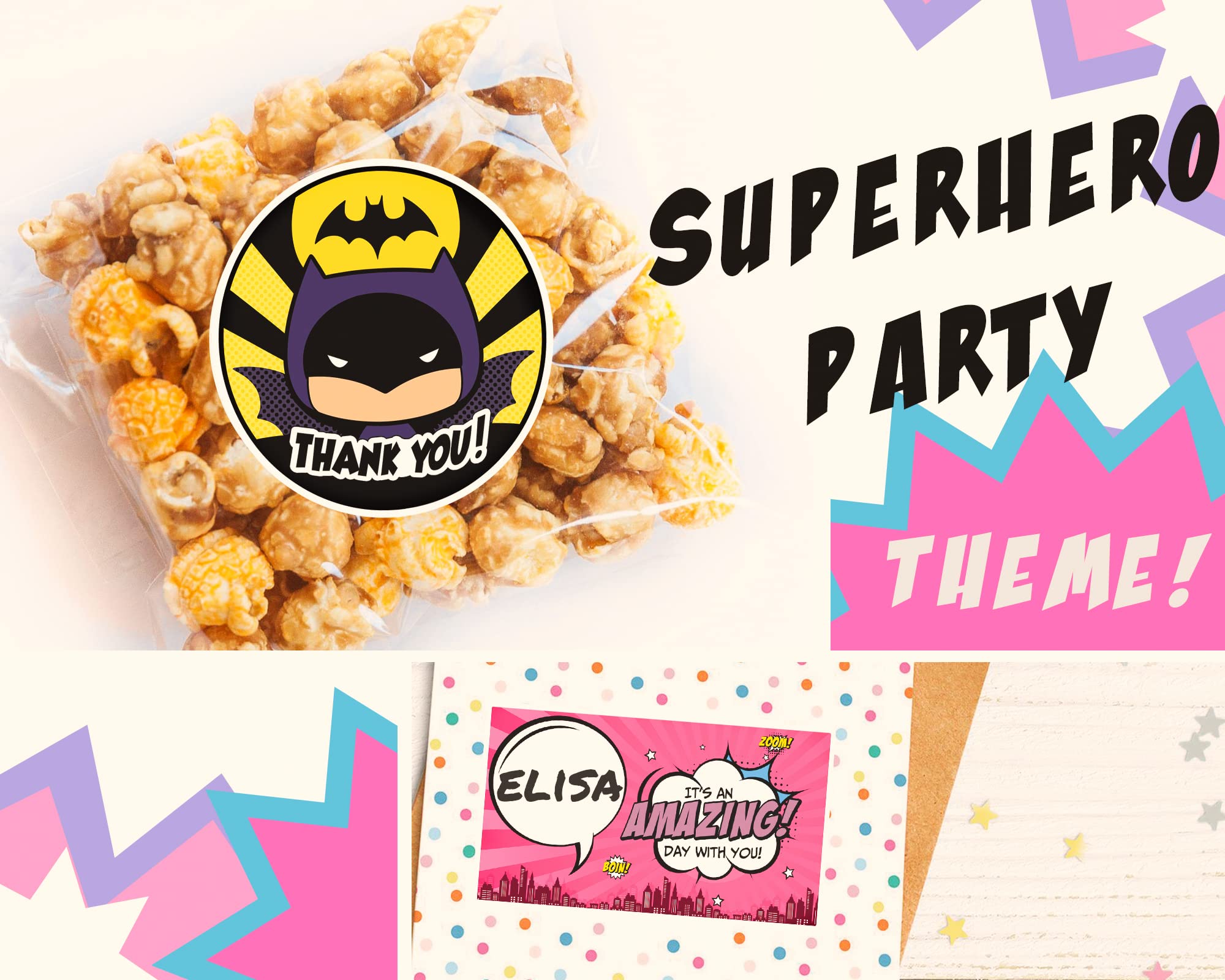 Amazon.com: Thank You Superhero Stickers for Birthday Party Kids - 110 PC  Large Super Hero Comic Book Heroes Fun Themed Round Circle Logo Name  Sticker Rolls Label for Favor Gift Bag Supplies