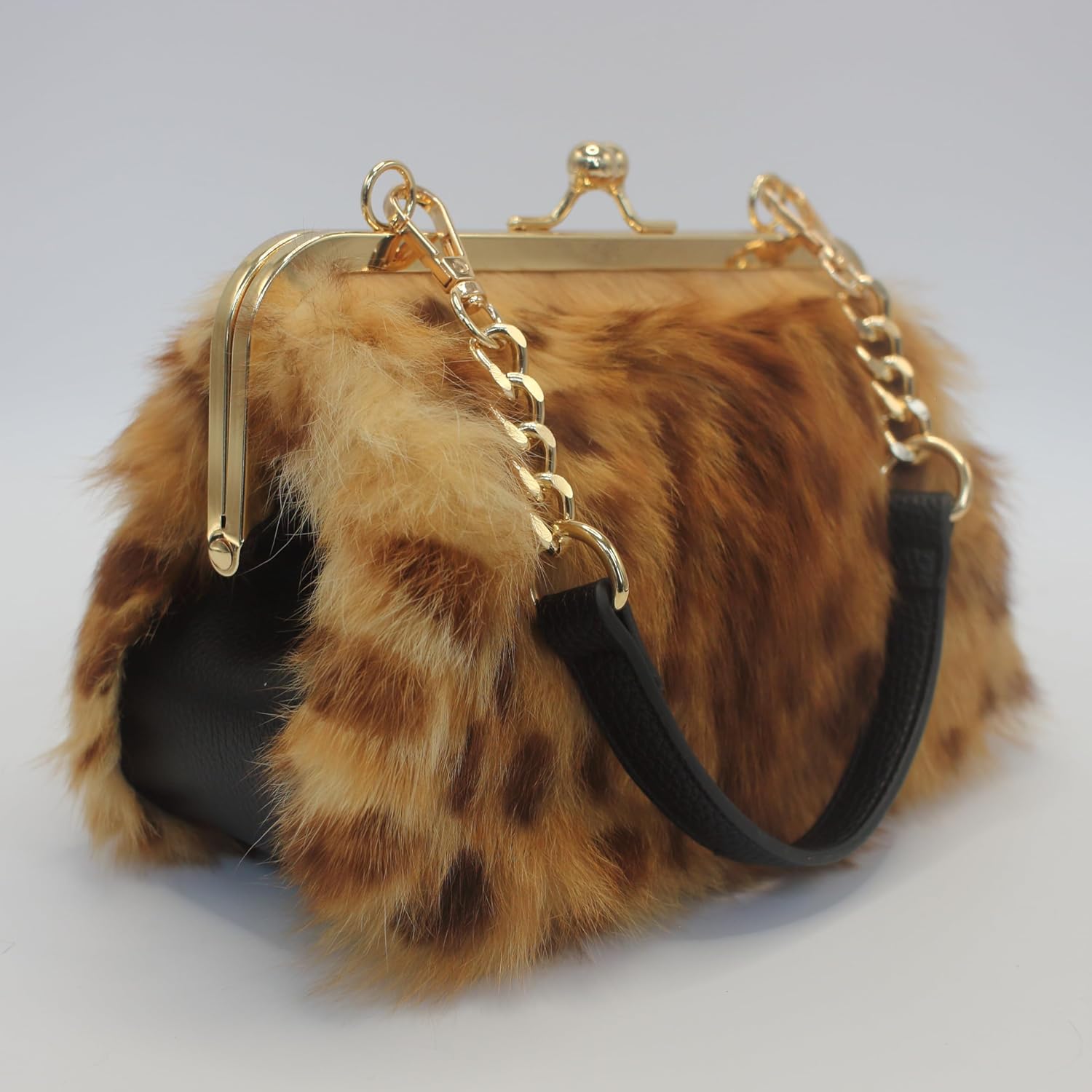 Fosrion Elegant Leopard Print Rex Rabbit Fur Handbag with Interchangeable Straps for Women, Versatile Clutch and Shoulder Bag - Image 7