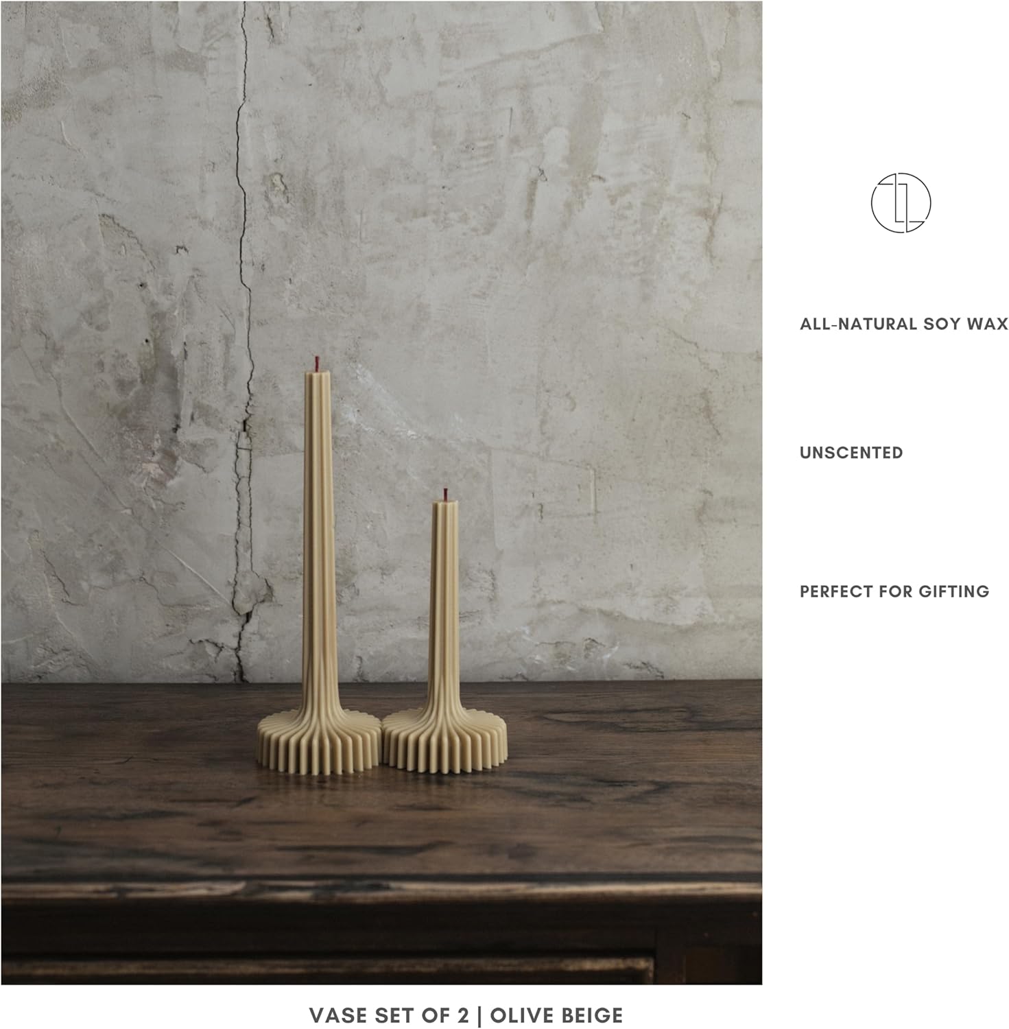 LAWA Set of 2 Vase Candle - Beautiful Handmade Pillar Unscented Soy Wax Elegant Aesthetic Candle Housewarming Gift Home Room Shelf Decor Idea Olive Beige