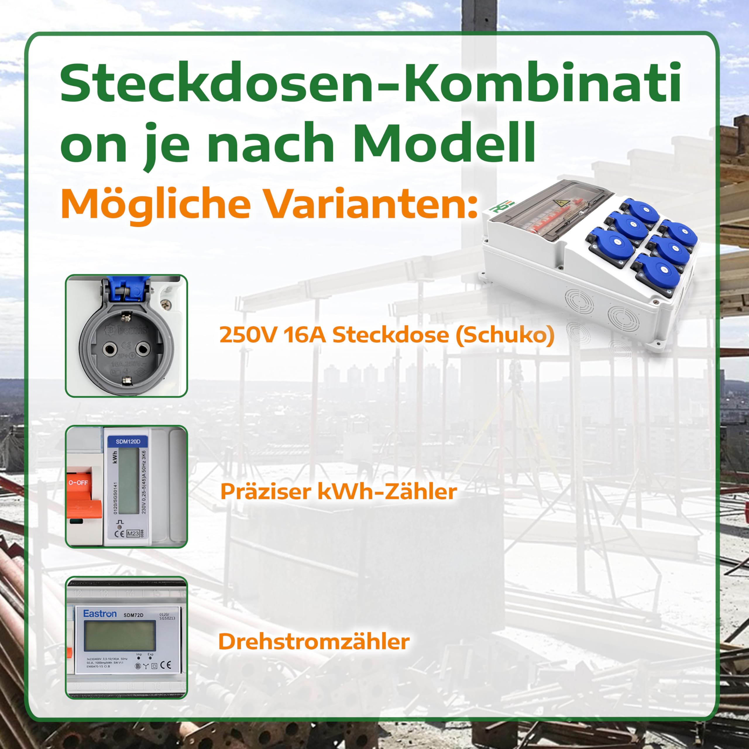 RSE BAUSTROMVERTEILER WANDVERTEILER KOMPLETT VERDRAHTET 230V SCHUKO MIT ZÄHLER ZUR AUSWAHL IP65, 8. 6X 230V MIT LS + FI