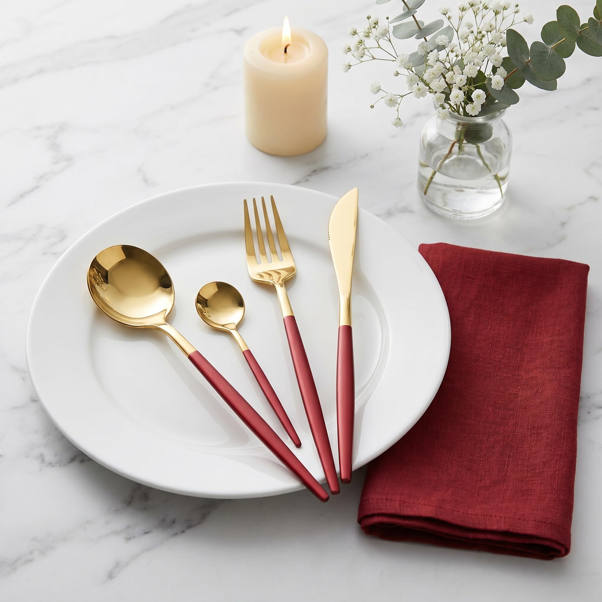 Juego De Cubiertos De Acero Inoxidable 304 De 40 Piezas, Juego De Cubiertos Pulidos A Espejo para 10 Personas, Utensilios Reutilizables con Mangos De Oro Rojo, Ideal para Uso Diario, Reuniones