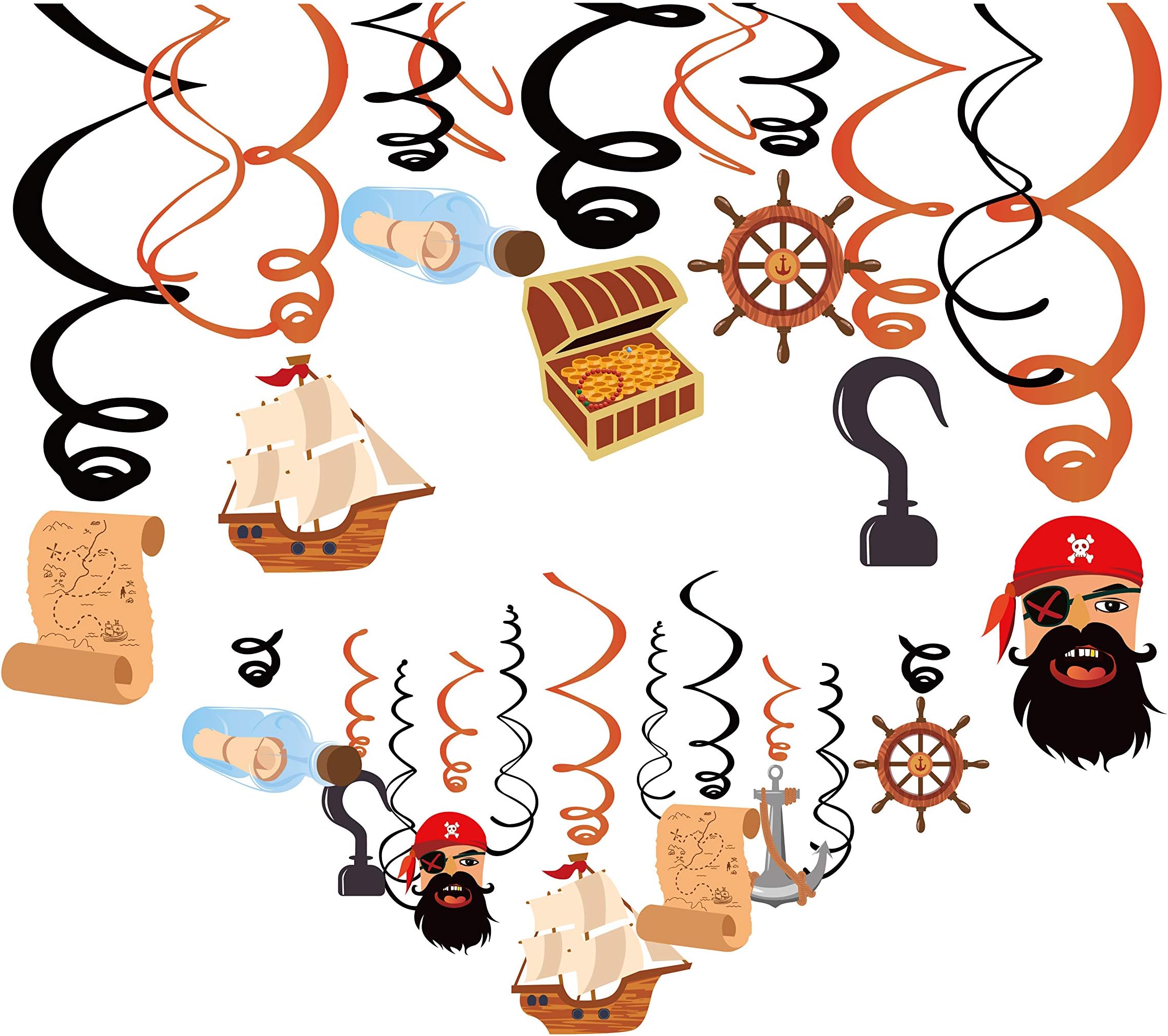 30Ct Pirate Hanging Swirl Decorations, Pirates of the Caribbean Party Supplies, Birthday Theme Decor for Boy Girl Baby Shower, 1st Bday Favors Idea