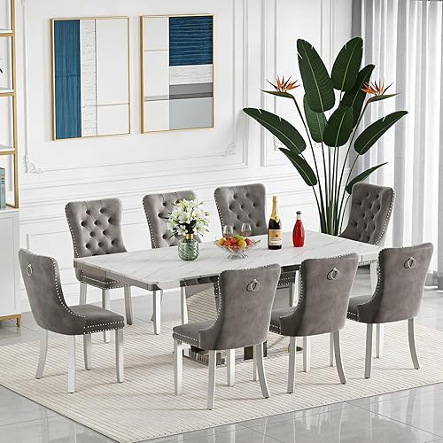 Miniatura 40 de SSLine Juego de mesas de comedor extensibles de 94.5 pulgadas para 6 personas, juego de mesa de comedor de 7 piezas, modernas mesas de cocina Blanco