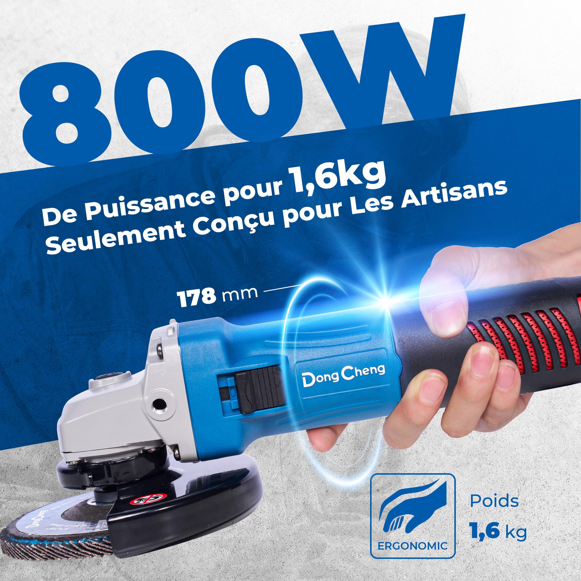 DongCheng Meuleuse d'Angle 800W, Ø125mm, 11800 tr/min, Capot Rapide, Poignée Auxiliaire, Inclut 2 Disques à Meuler, 2 à Lamelles et 2 de Coupe pour Polir et Découper