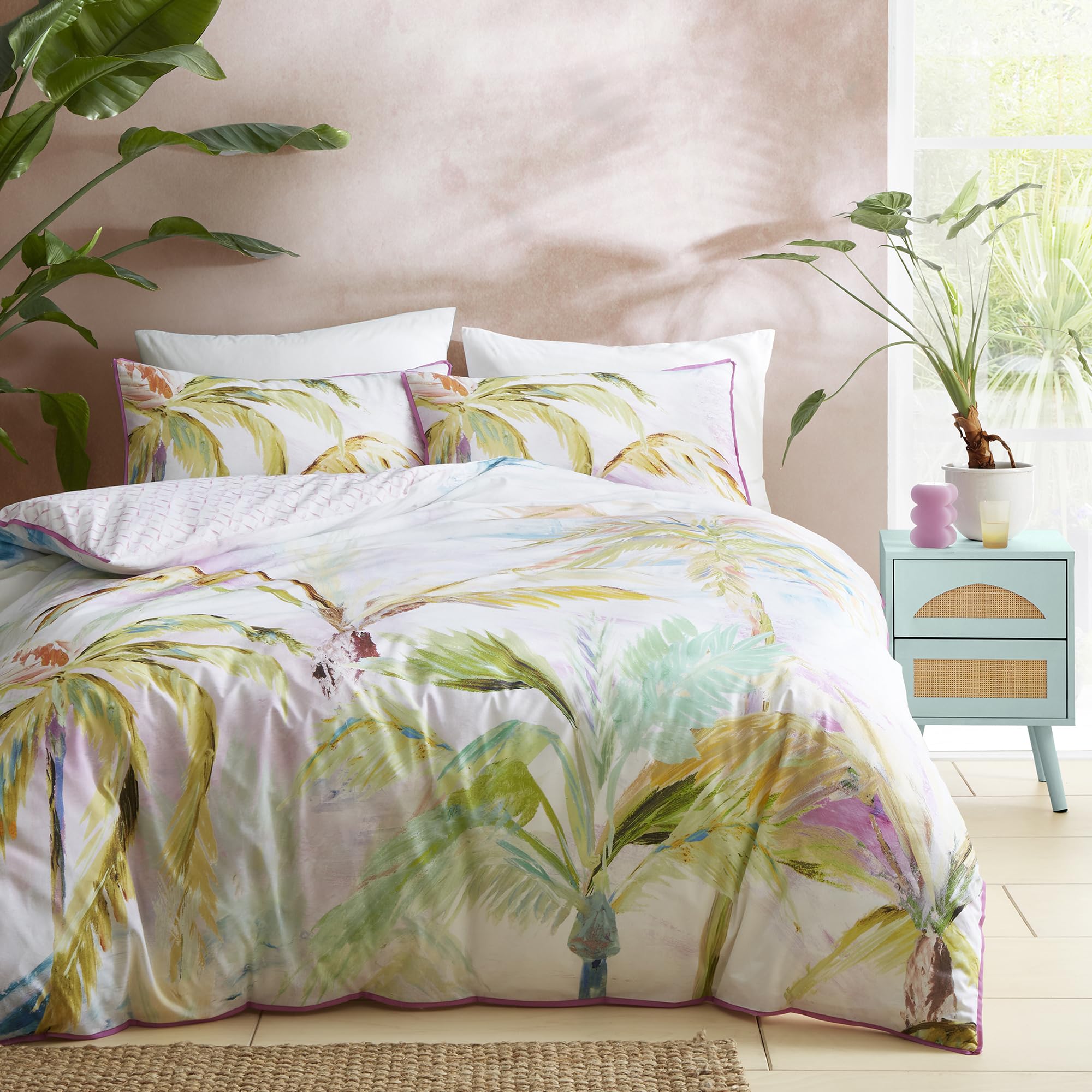 Appletree - Copripiumino con foglie di palma tropicale - Letto king size (230 x 220 cm) - 100% cotone - Bordo rosa a bordi - 2 federe - Biancheria da letto tropicale verde con foglia - Copripiumino