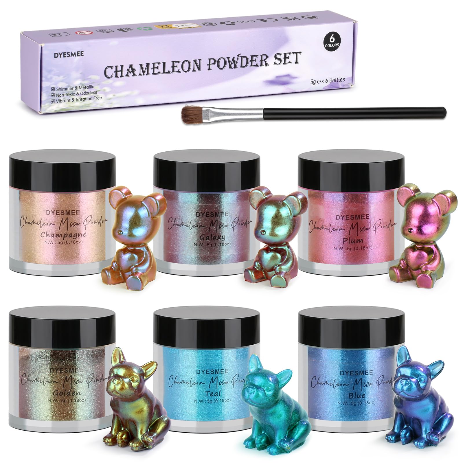 Chameleon Powder - Poudre de mica changeante de couleur pour résine époxy - 6 couleurs de poudre de pigment chromé pour gobelets, nail art, peinture, slime, fabrication de savon, fabrication