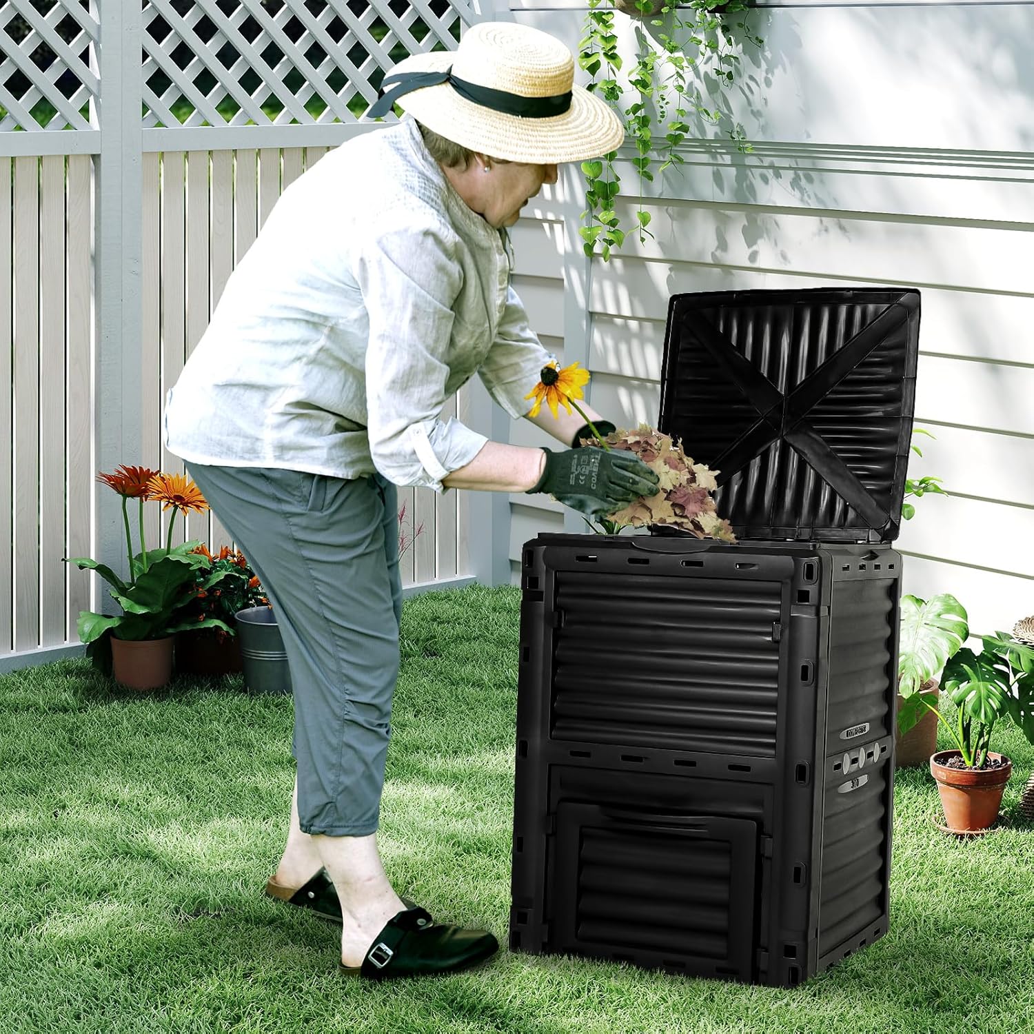 80 Gallon Large Compost Bin Outdoor - 300L High Capacity Composter with Top Flip Latch Lid - BPA-Free Heavy Duty Garden Waste Bin for Kitchen Scraps & Yard Waste - Easy Assembly, Black