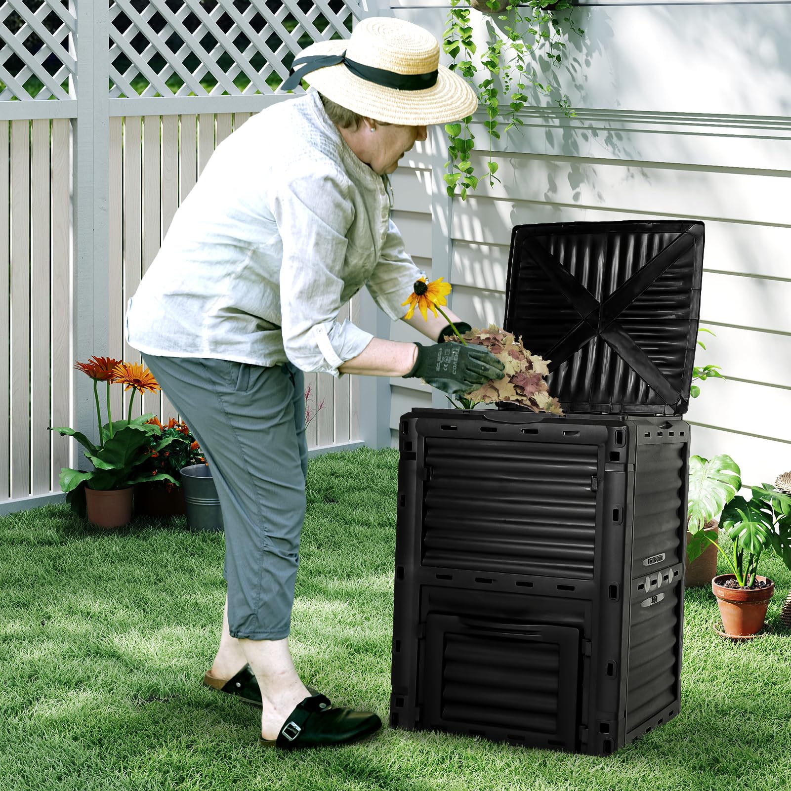 BIOGRN Large Outdoor Compost Bin,80 Gallon (300 L) Composter Bins with Snap-on Top Lid and Aeration System,Garden Compost Bin That Quickly Create Fertile Soil