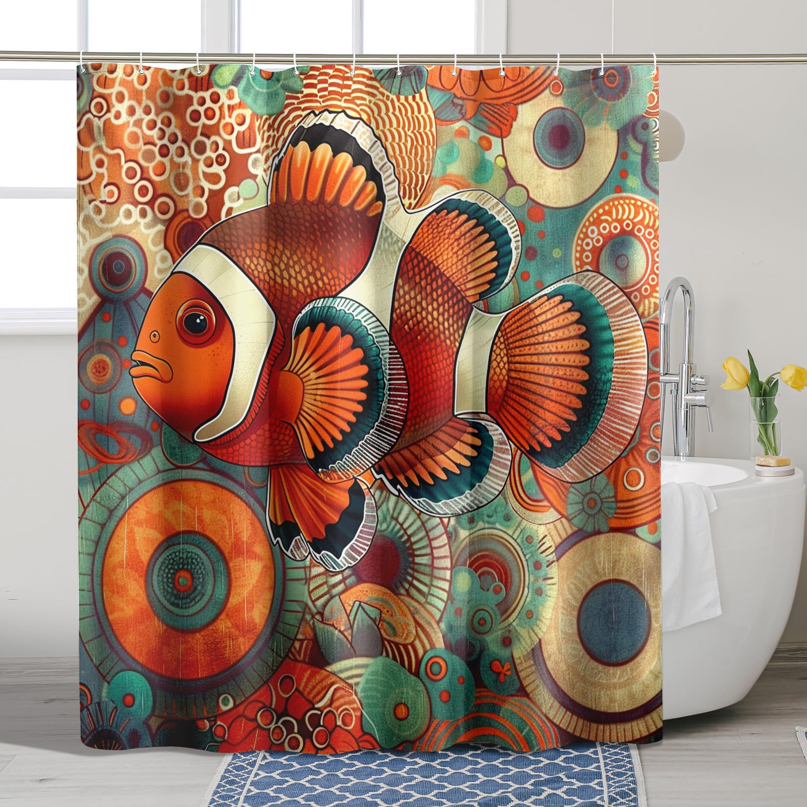 Modern Artistic Fish Shower Curtain, Colorful Vibrant Orange Blue Fish Shower Curtain for Bathroom Decor, Festive Contemporary Waterproof Fabric Curtain Set with Hooks 72x78 Inch
