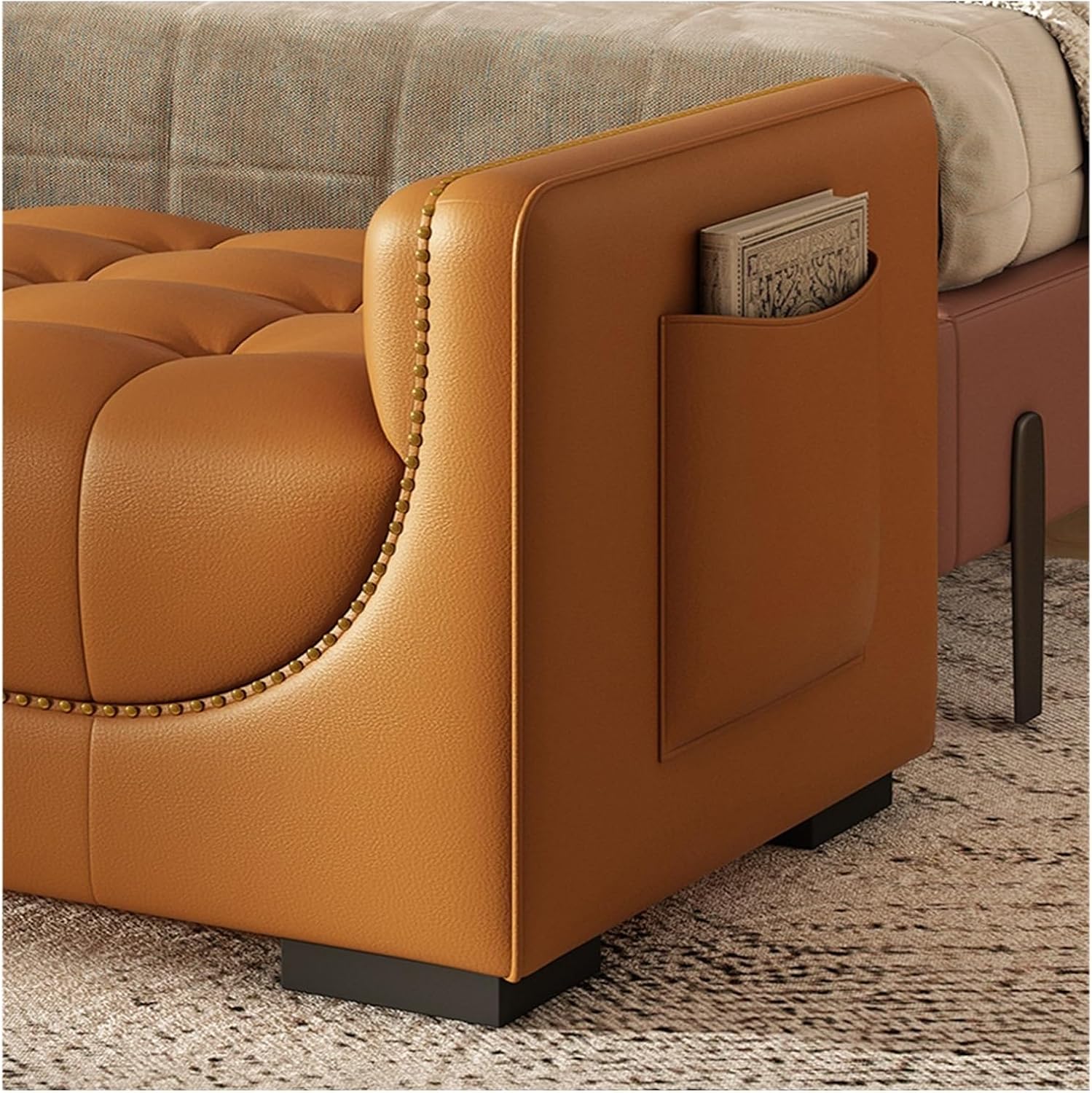 Floor-Standing Solid Wood Rotating Coat Rack，Stylish Modern Blue Leather Ottoman Bench - Upholstered Storage Stool with Armrests & Pockets for Bedroom, Entryway, & Shoe Changing (1.2m)