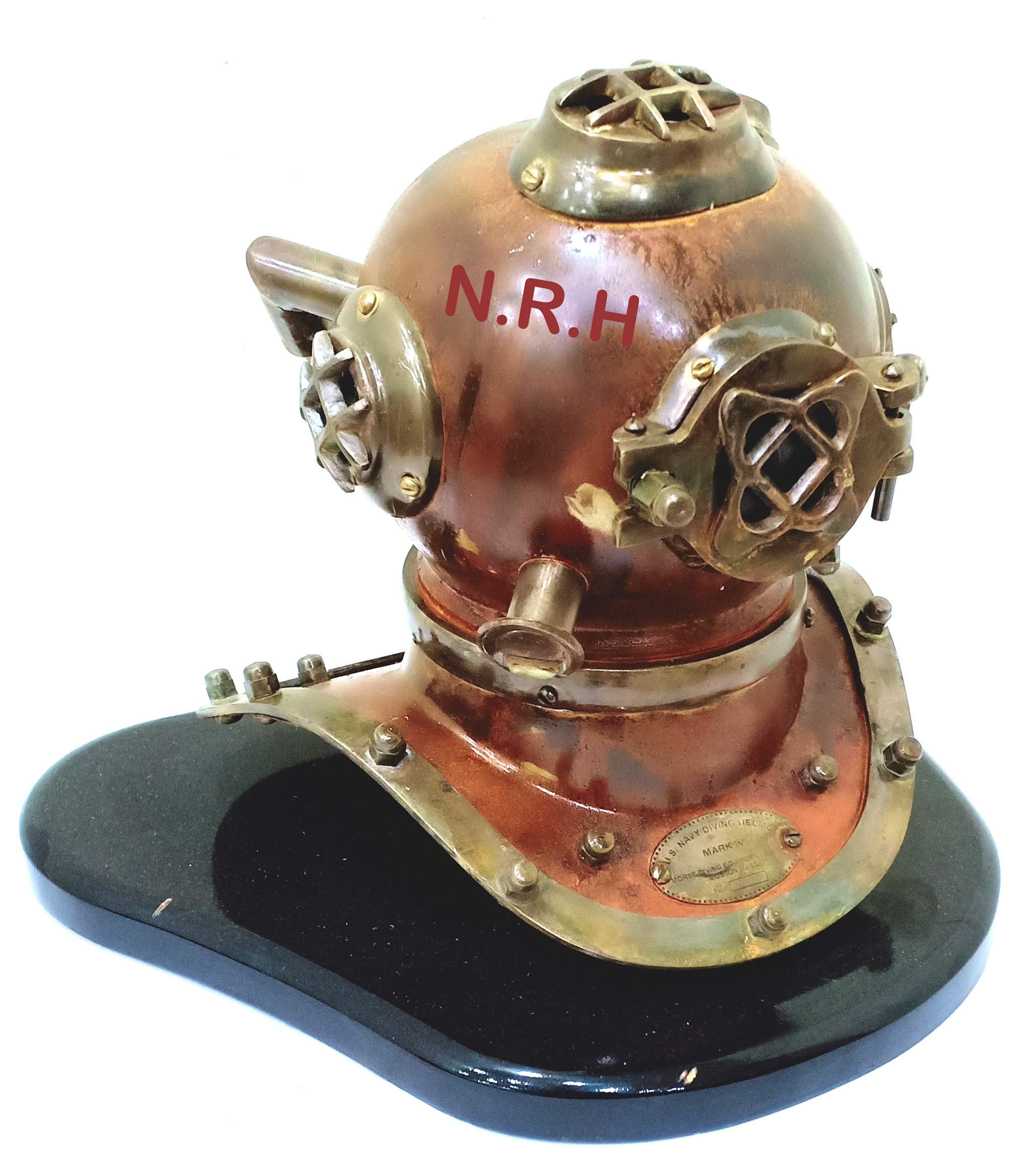 Tauchhelm für Tauchtaucher, aus massivem Stahl, Kupfer, Antik-Optik, 15,2 cm, mit Holzsockel