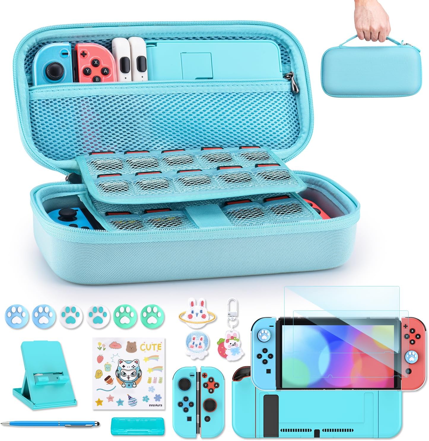 innoAura Switch Case 19-in-1 Bundle for NS Switch (2017), with Carrying Case, Game Organizer, Screen Protector, Stand and Thumb Grips, Blue