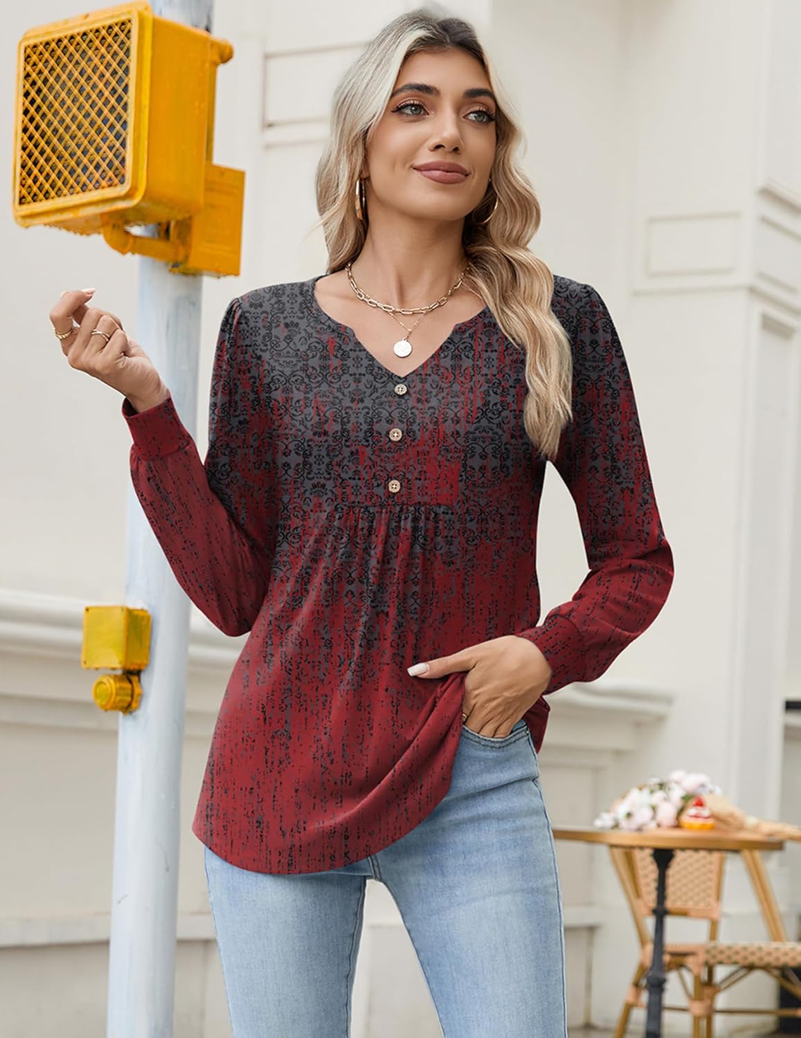 Zeagoo Long Sleeve Shirts for Women 2025 Casual Pleated V Neck Fall Tunic Tops Button Down Blouse Dressy Loose T-Shirts - Image 5