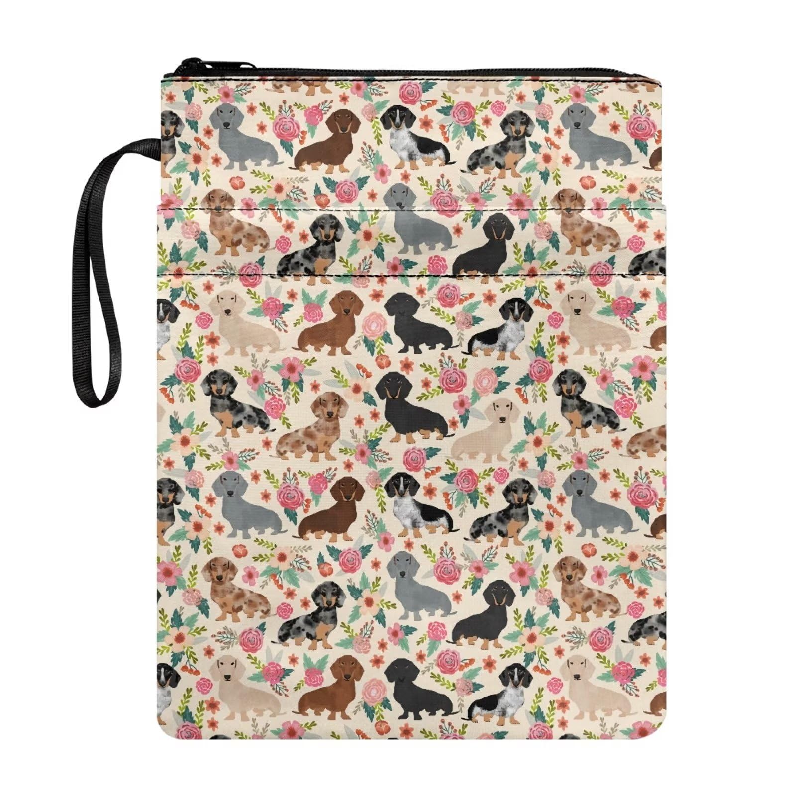 NETILGEN Dachshund Dog Floral Biege Book Covers with Zipper and Pocket Book Sleeve for Book Lovers Book Case Protector for School Kids Boys Girls Purse — image 1