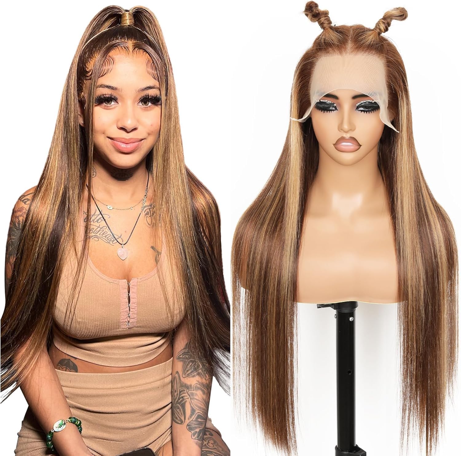 Highlight Honey Blonde Straight Human Hair Wig 13x4 HD Transparent Lace Front Wigs Human Hair,4/27 Ombre 210 Density Real Hair Wigs for Women Pre Plucked Natural Hairline 22Inch with Baby Hair