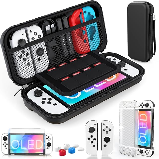 HEYSTOP Switch OLED Case for Nintendo Switch OLED Carry Case Pouch Accessories with Switch OLED Clear Cover Case Temperd Glass Screen Protector and 6 Thumb Grips Caps for Nintendo Switch OLED Model