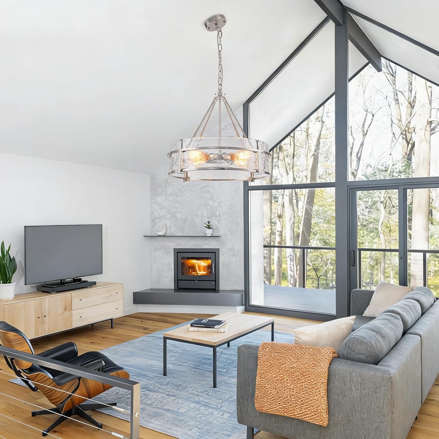 20.47" Modern Glass Chandelier for Dining Room, Brushed Nickel Textured Crystal Drum Kitchen Island Light Fixture Luxury Glass Water Ripple Crystal Chandeliers for Living Room Kitchen Bedroom Foyer