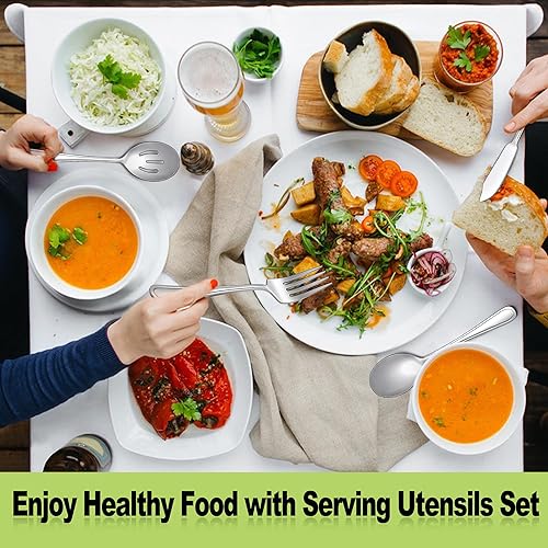 Miniatura 4 de E-far Utensilios de servir, 6 piezas de cuchara de servir de acero inoxidable, cuchara ranurada, tenedor, pinzas, servidor de pasteles y cuchillo de