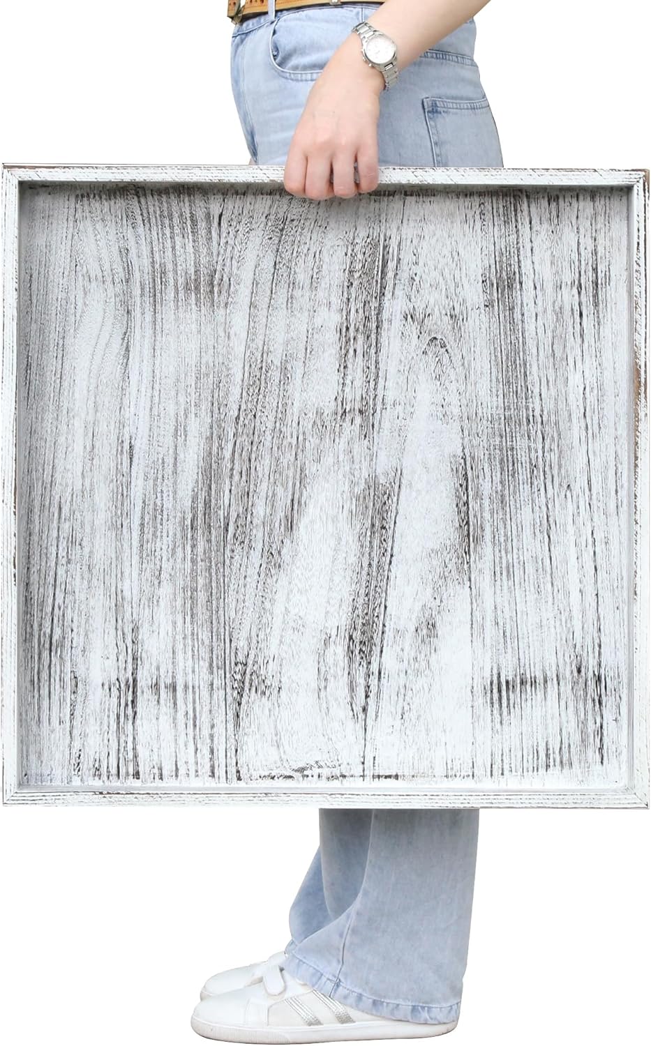 Extra Large Square Ottoman Table Tray 24 inch - Rustic Wooden Serving Tray for Farmhouse Decorative Oversized Coffee Table Trays Living Room Kitchen Counter Breakfast Whitewash 24" x 24" x 1.6" White