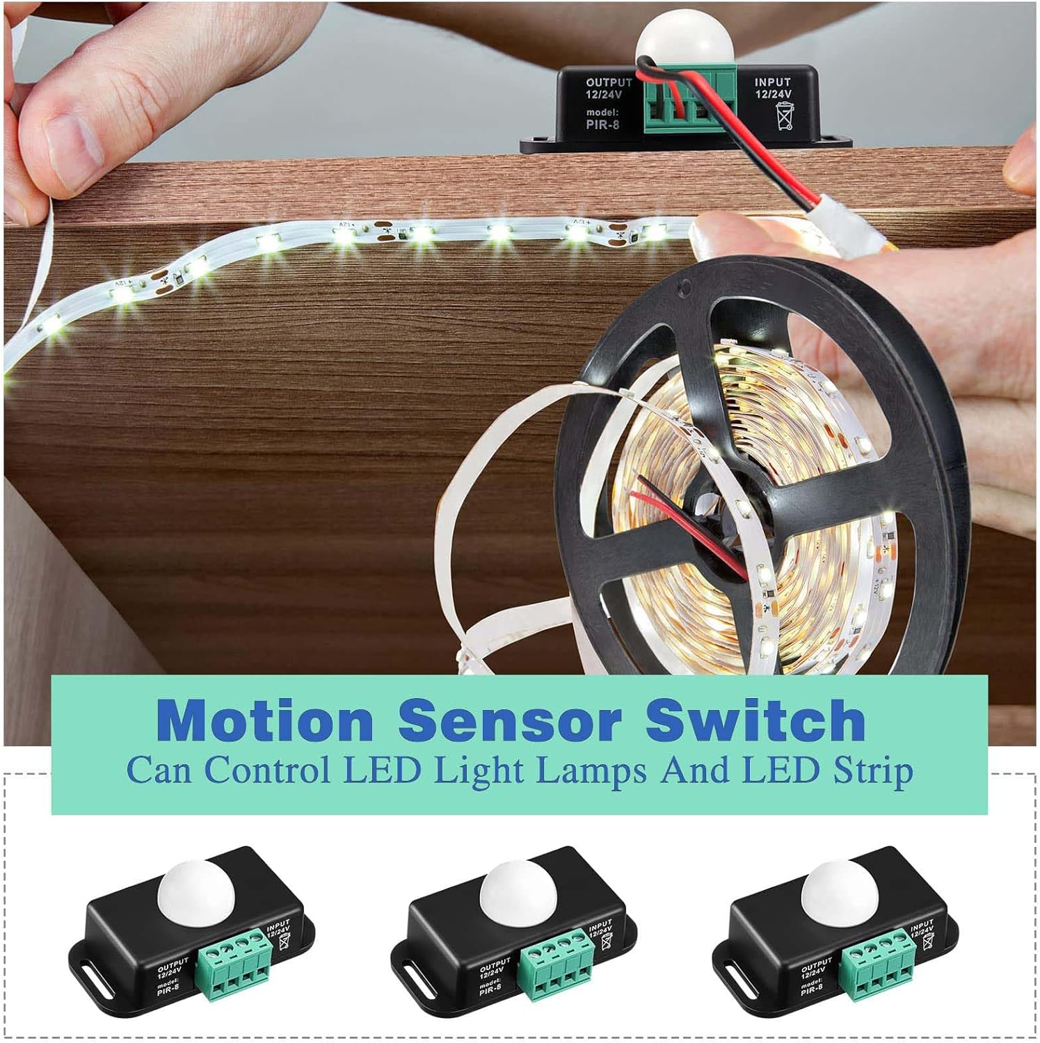 6-Pack PIR Motion Sensor Controller - 12V/24V Adjustable LED Infrared Detector with Embedded Probes for Flexible Strip Lights, Black