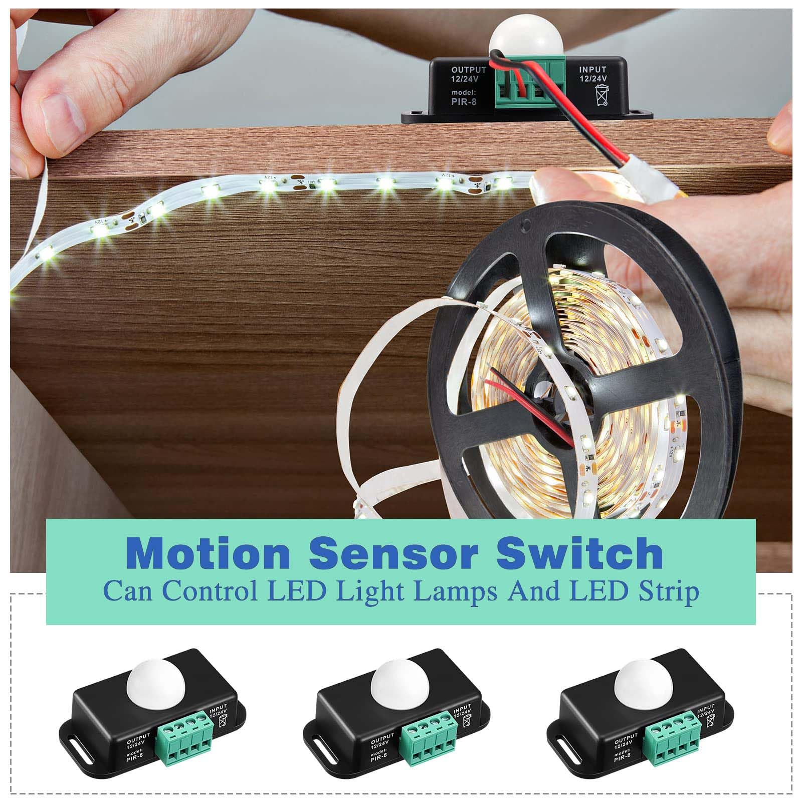 Lot de 6 détecteurs de mouvement PIR - 12 V/24 V - Détecteur infrarouge LED réglable avec sondes intégrées pour bandes lumineuses flexibles - Noir