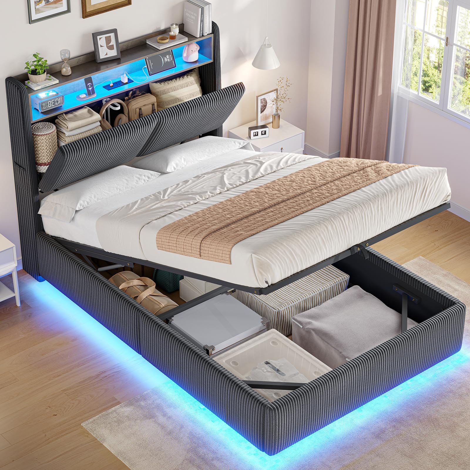 AOGLLATI Single Ottoman Bed with 360° LED Lights(Grey, Single-90x190cm)