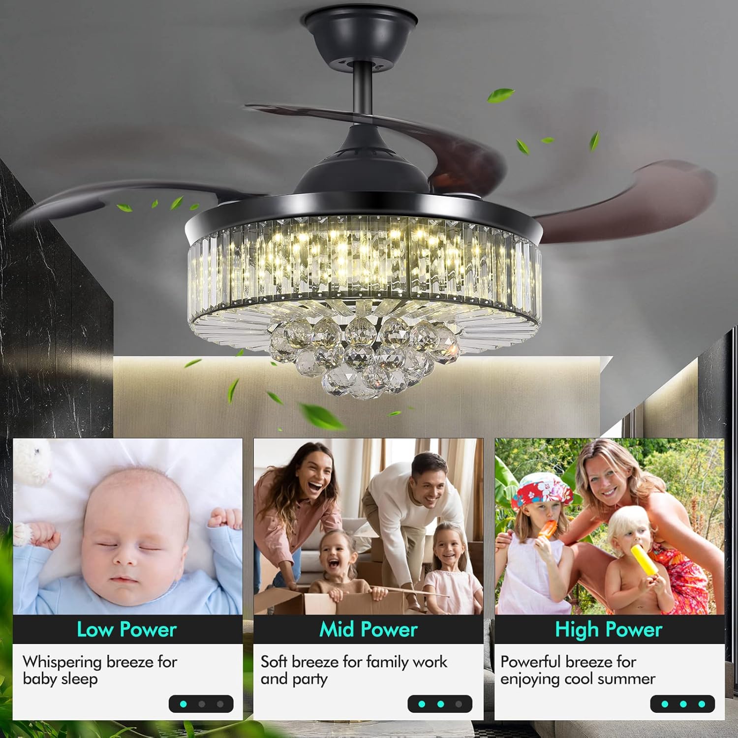 42'' Modern Fandelier Crystal Ceiling Fan with Light, Black Crystal Chandelier Ceiling Fan Remote Control 3 LED Lights 3 Speeds Retractable Fandelier Lighting for Bedroom Living Room