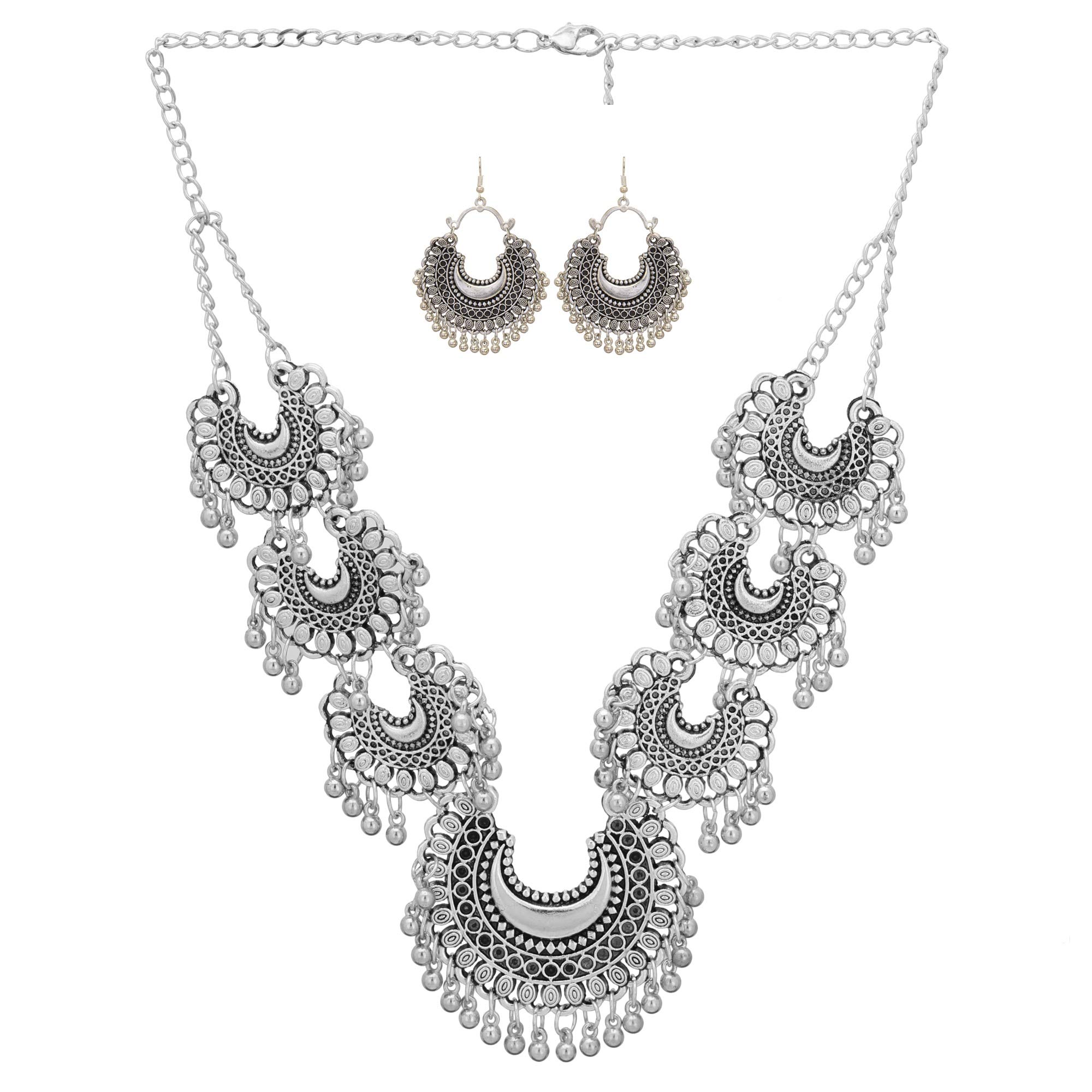 Shreyadzines Afghani Designer Style Vintage Oxidized Polish Silver Statement Choker Necklace Earrings Combo Antique Jewellery for Girls & Women Boho Gypsy Silver