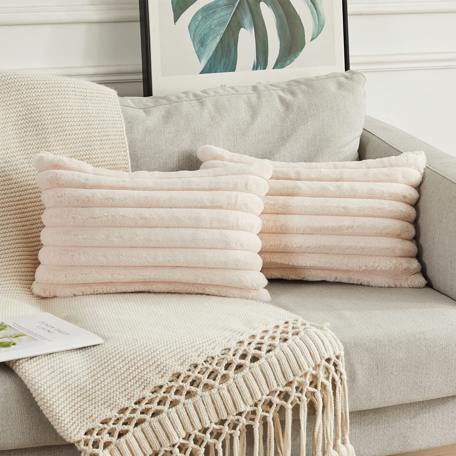 Joyouth Beige Pack Of 2,Double-Sided Faux Fur Plush Decorative Throw Pillow Covers Fuzzy Striped Soft Pillowcase Cushion Covers For Sofa Couch Bedroom 12X20 Inch