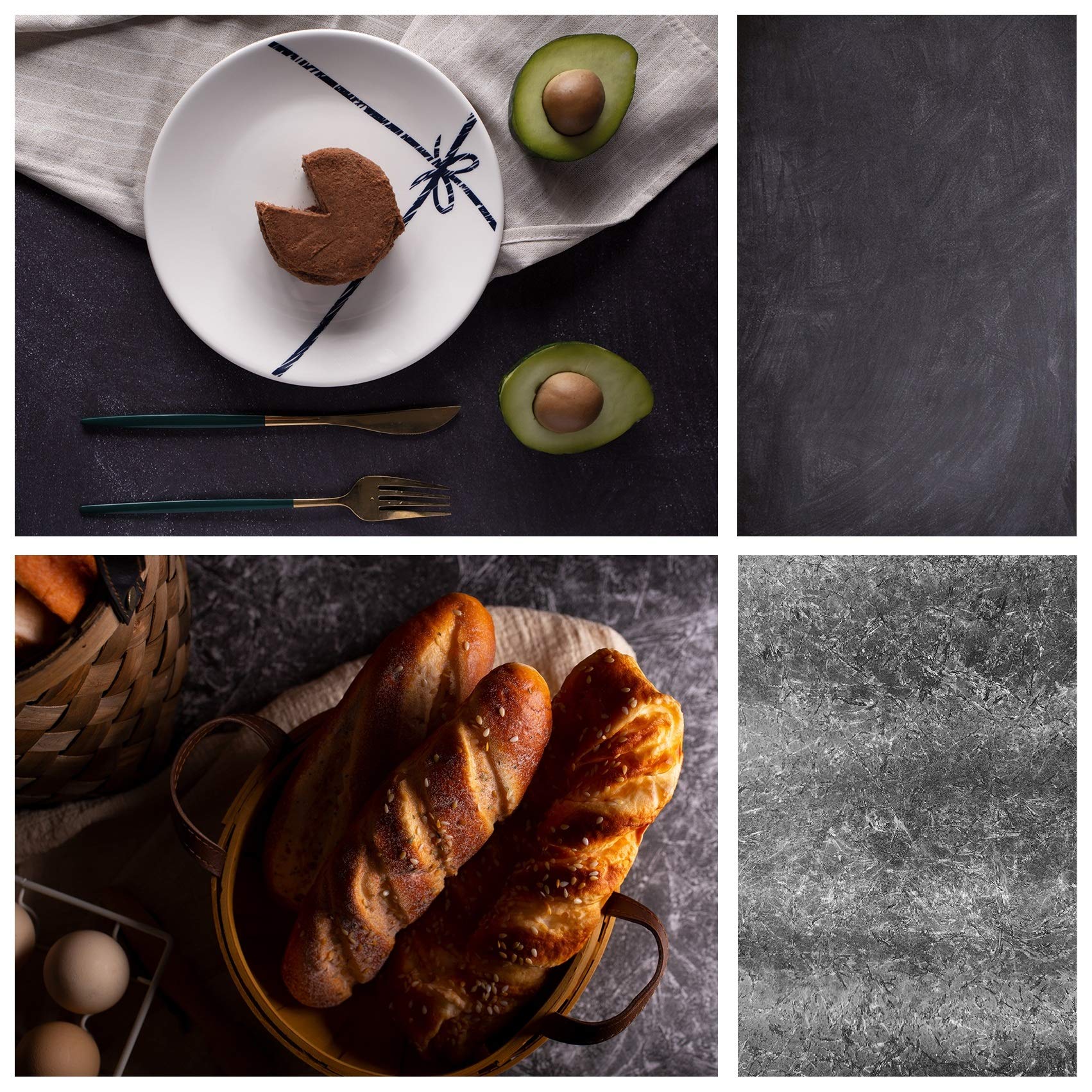 2 en 1 Telón de Fondo de Papel 56x88cm 3 Pcs Piedra de Cemento Tocón Veteada Grano Madera Textura de Cara Doble para Fotografía Estudio Fotográfico Flat Lay Comida Producto Pequeño Cosmético