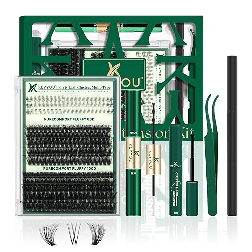 Miniatura 12 de Kit de extensión de pestañas KEYYOU 144 piezas con aplicador de pegamento y sello, racimos de pestañas Air Touch con removedor, rizo D, kit