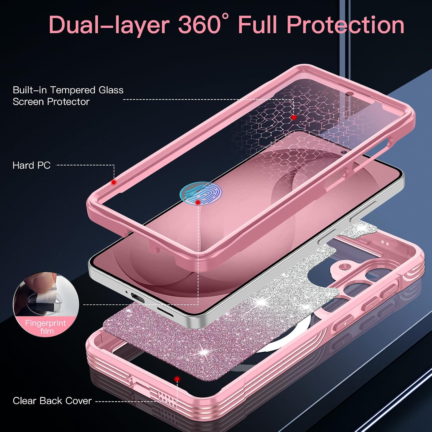 Hekodonk for Galaxy S26 Plus Case Magnetic,[Compatible with Magsafe][Built-in Tempered Glass Screen Protector] [Glitter Card] Full Body Bling Case for Samsung Galaxy S26 Plus,Pink