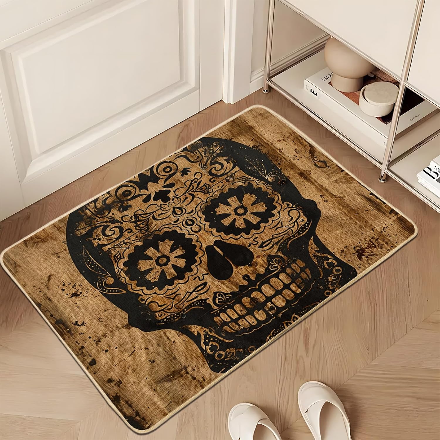 Skull Doormat, Black Sugar Skull Door Mat for Halloween Decor, Rustic Rubber Waterproof Non-Slip Entrance Mat, Easy to Clean for Outdoor & Indoor Use 29x17 Inch