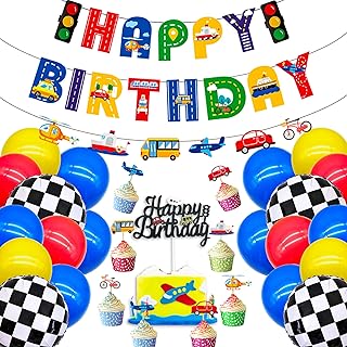 36PCS Race Car Birthday Party Supplies for Kids with Banners, Cake Topper, Transportation Cupcake Toppers and 18-inch Cheq...