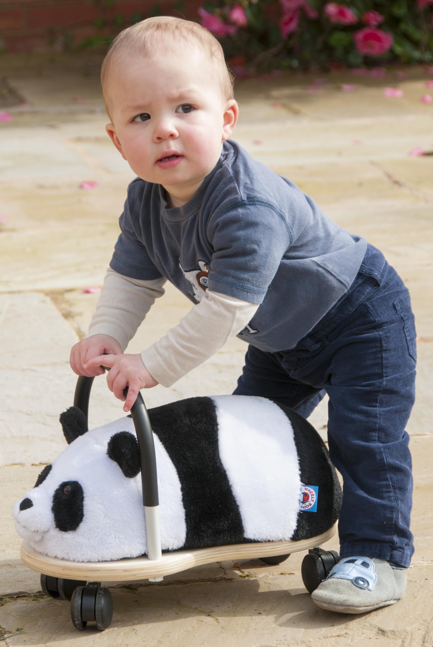 Wheelybug Drewniane zwierzątko do jazdy z wymienną pluszową osłoną, certyfikowana zabawka rozwojowa z certyfikatem bezpieczeństwa, mała (1-3 lata), pluszowa panda
