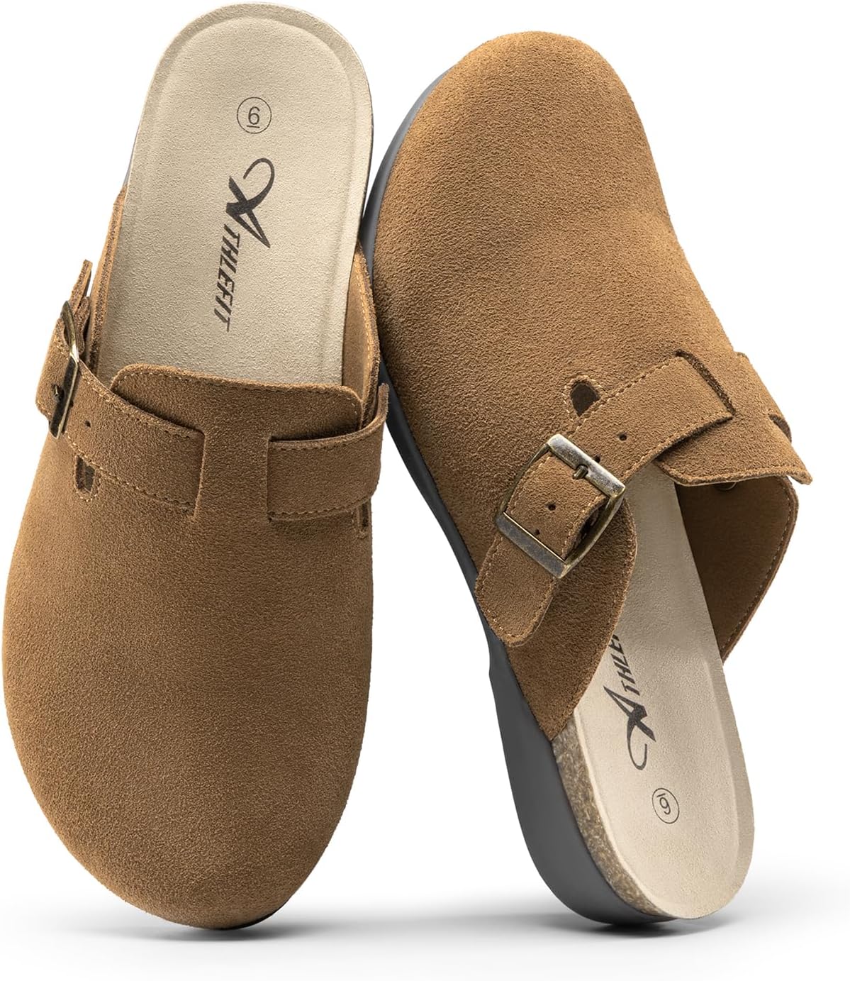 Athlefit Genuine Leather Clogs for Women Soft Cork Footbed Adjustable Buckle Mules Slip On Potato Shoes with Arch Support