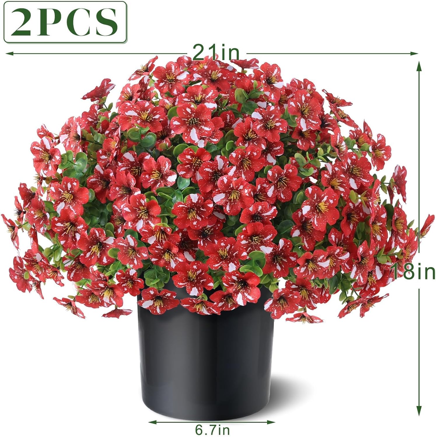 Artificial Morning Glory & Eucalyptus Topiary Trees - Set of 2 Faux Silk Flower Potted Plants, UV-Resistant Fake Outdoor Morning Glory Bushes for Front Door, Yard, Farmhouse, Garden Decor (Red)