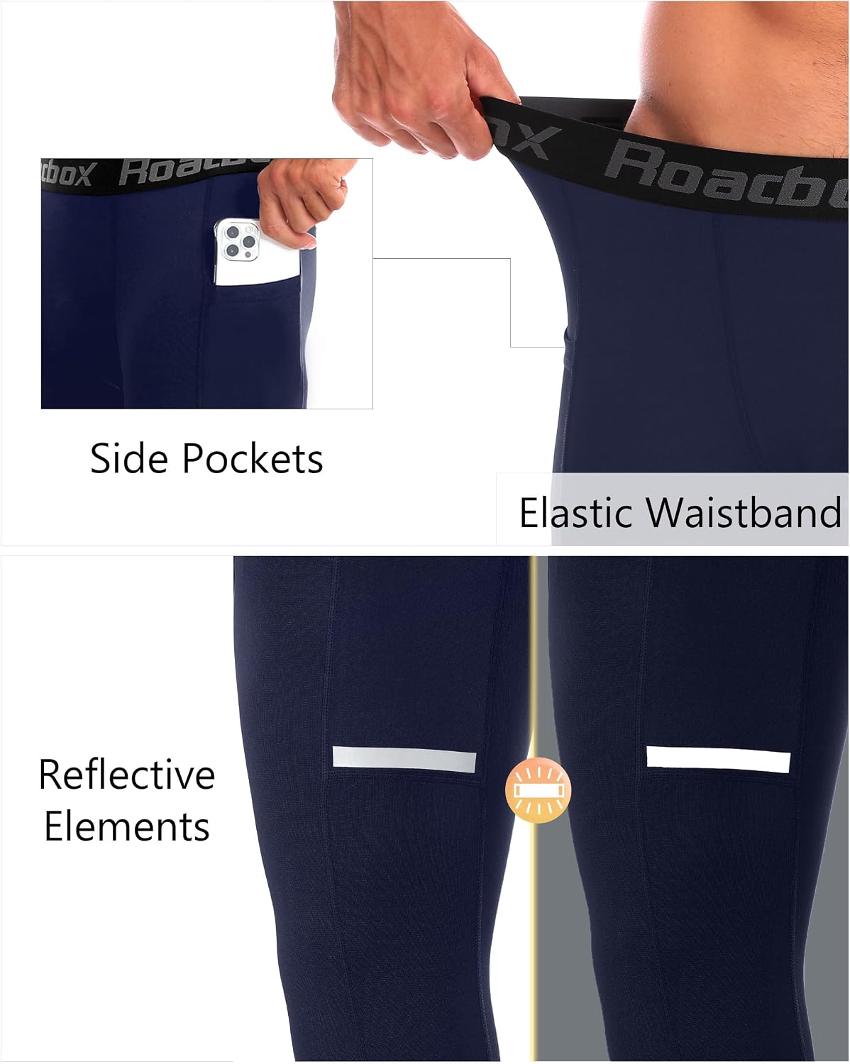 Roadbox Men's Compression Pants Running Tights with Pockets Athletic Leggings Base Layer for Workout Basketball Cycling Sport