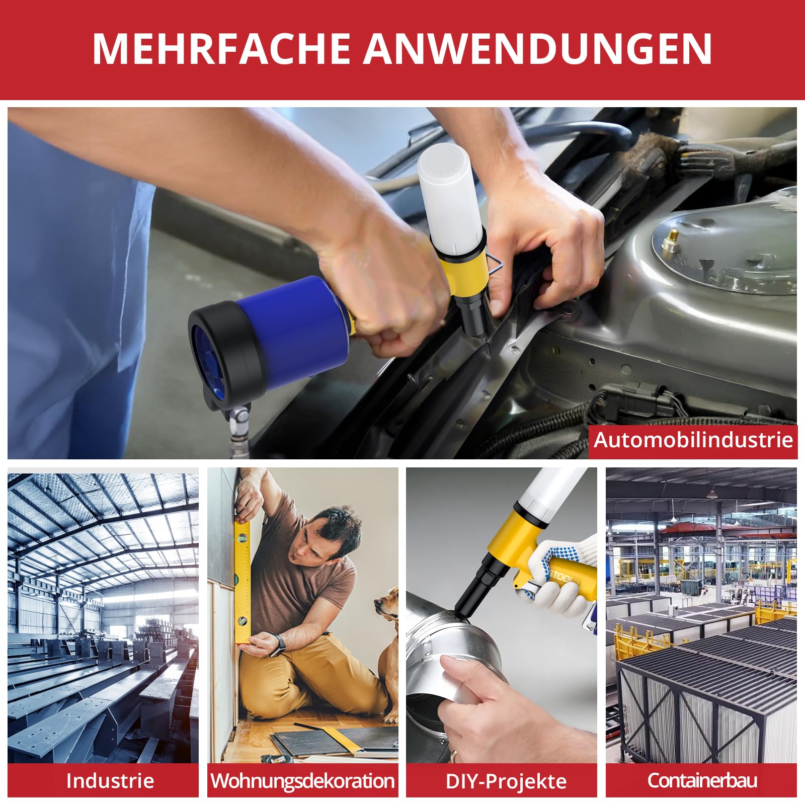 JUSTOOL Pneumatische Lufthydraulische Nietzange Pneumatische Nietzange 1408KGF, 5 Spezifikationen (2,4mm, 3,2mm, 4,0mm, 4,8mm, 6,4mm) Europäische Schnittstelle Ersatzkrallen, Für Auto, Garage und DIY