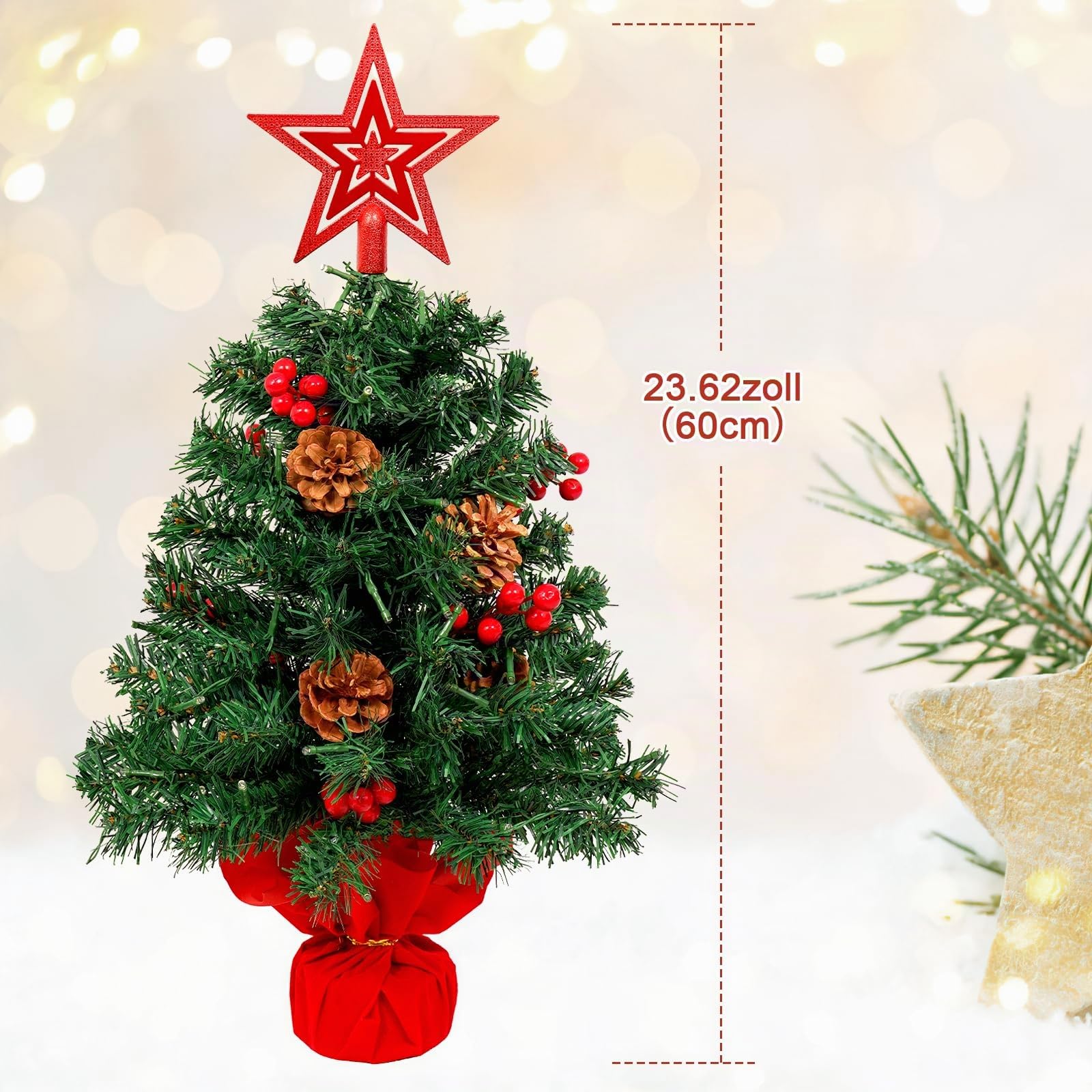 AGM 60 cm Tisch Weihnachtsbaum Klein mit 50 LEDs Lichterketten Deko 42 Rote Beeren 6 Tannenzapfen 24inch Künstlicher Christbäume für Weihnachts Dekoration, 1 fünfzackiger Stern Oben